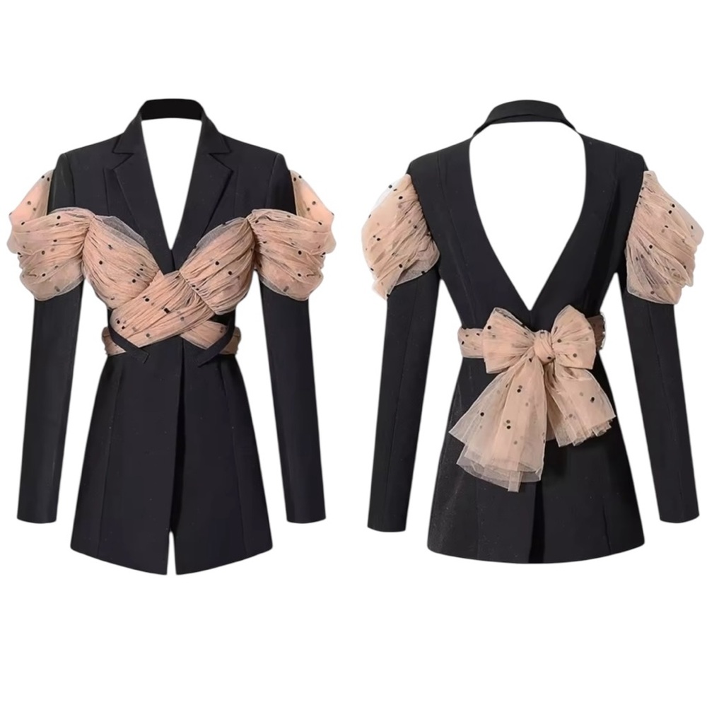 Let’s Mesh Together Black & Beige Polka Dot Tulle Mesh Sash Cutout Blazer - L